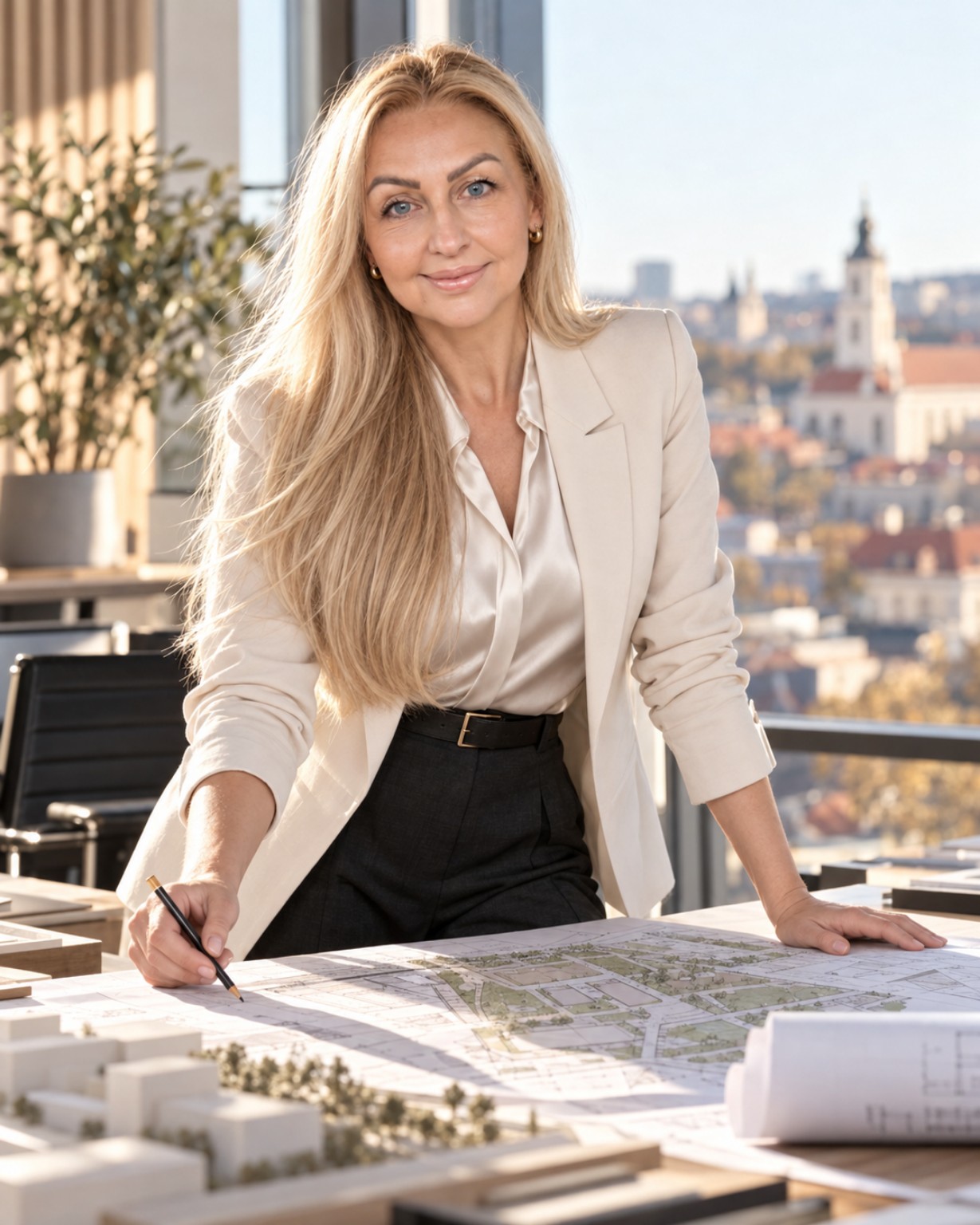 Jovita Pliustienė prie architektūrinio plano, Vilniaus panorama fone